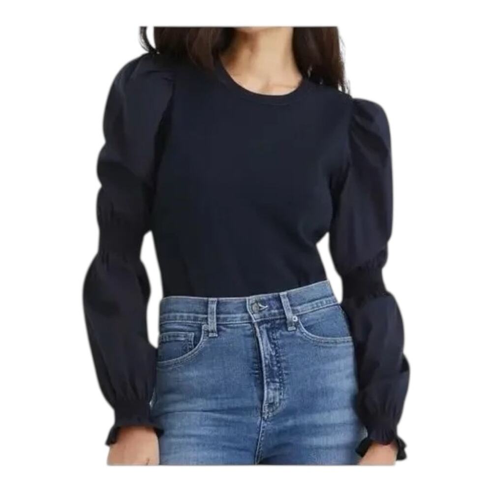 Veronica Beard Women's Fawn Puff-Sleeve Top Navy Blue Ribbed Knit Stretch XS